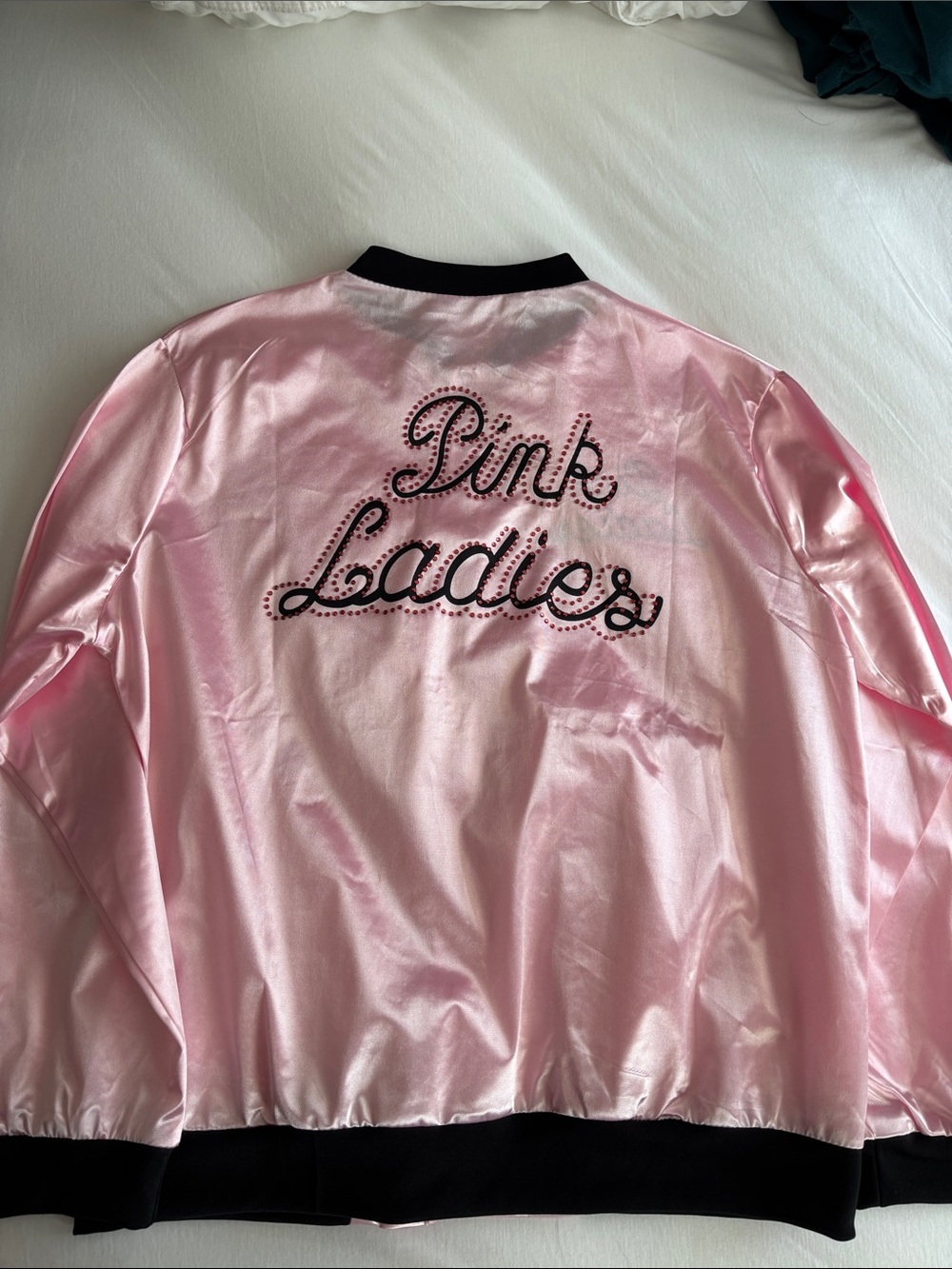 Ladies Pink Ladies Costume Bomber Jacket with Black Trim & Accessories - Picture 3 of 9
